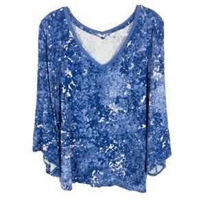 NWT Womens Size Large H Halston Blue White Abstract Floral Blouse Top